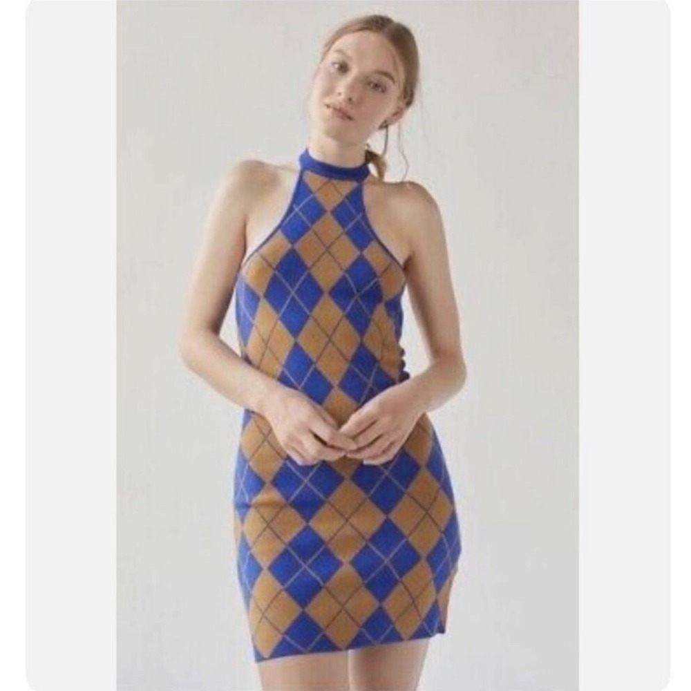 Urban Outfitters | NWT Woman's Navy Blue Brown Argyle Halter Mini Dress, Size XS